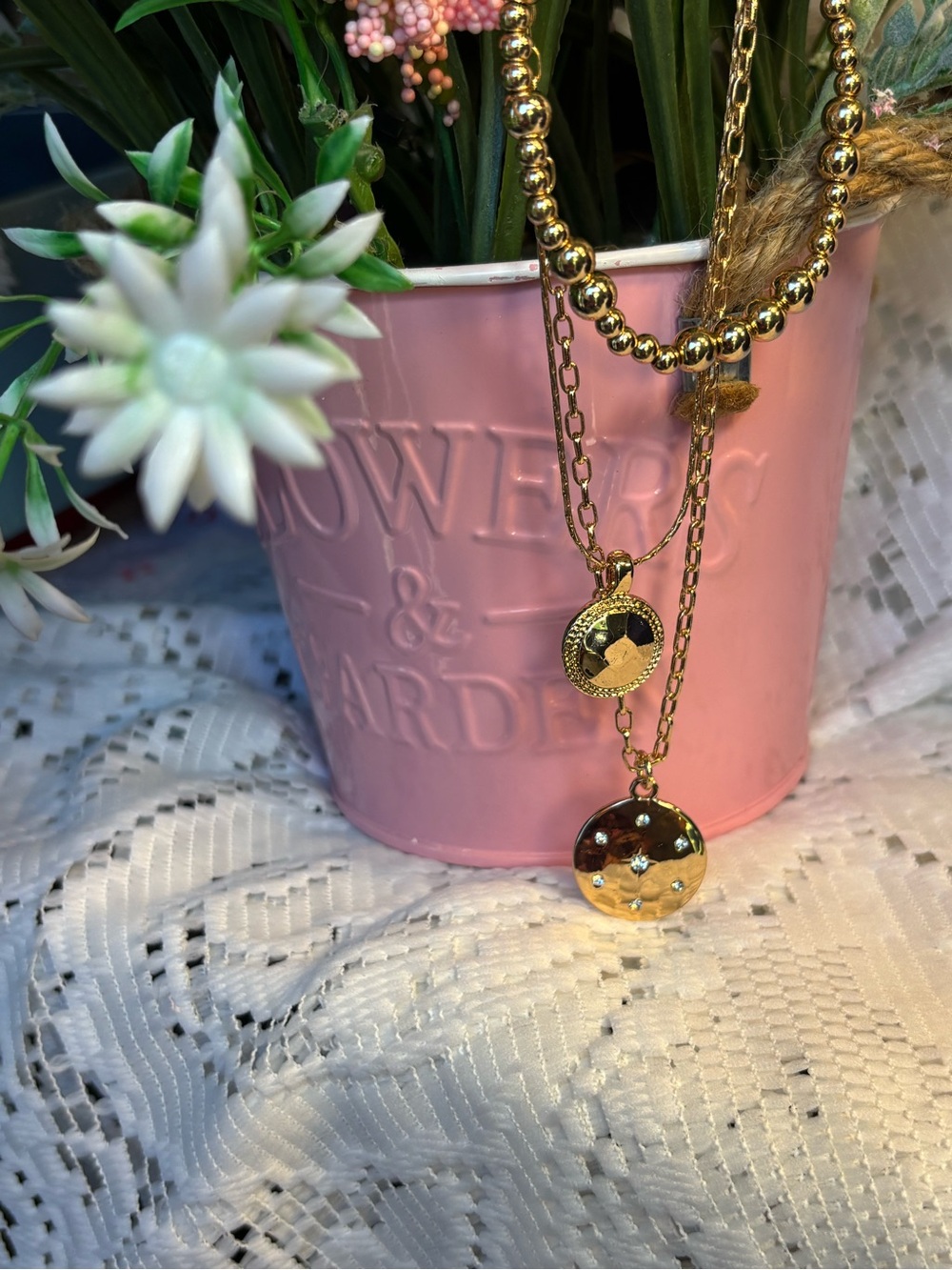 Park Lane Gold-Tone Layered Necklace with 3 Pendant Crystals Beaded Embellished